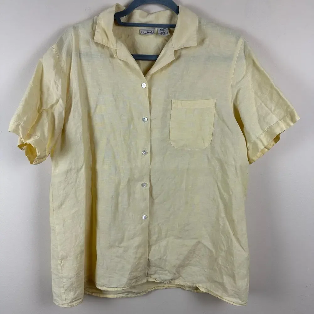 LL Bean Linen Button Front Shirt Size L Butter Yellow Minimalist Resort Vacation - Picture 2 of 8